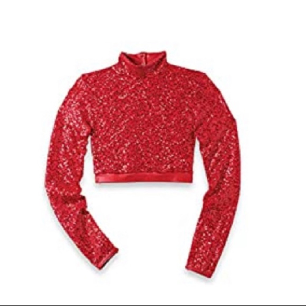 Dance Costume Red Sequin Long Sleeve Crop Top